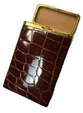 Vintage Genuine Crocodile Leather Cigarette Case Brown Gold Tone Hinged picture