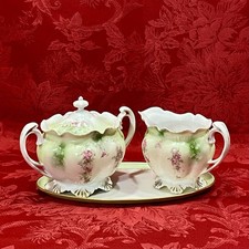 Antique 1884-1909 MZ Austria Rose Porcelain Creamer and Sugar Bowl Set with Tray picture