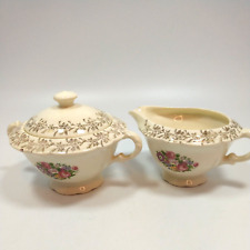 French Saxon Cream And Sugar China Set Floral Gold Trimmed Union Made US Vintage picture