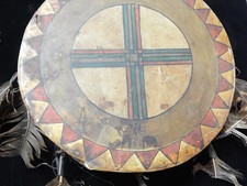 OLD VINTAGE PLAINS INDIAN PAINTED 2 SIDED WAR SHIELD STYLE DRUM - NICE  picture