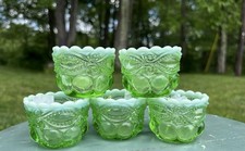 Vintage Mosser Glass Green Opal Salt Dip Eye Winker Patter Set Of Five picture