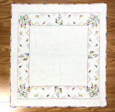 Vintage Floral Embroidered White Linen SquareTablecloth Crochet Edge 33