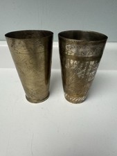 Vintage Hand Etched Brass, Two Toned Lassi Tumblers, Set Of 2, India picture