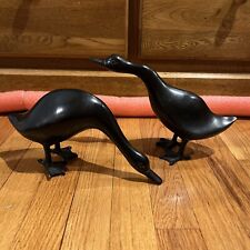 Vintage Black Solid Brass Standing Farmhouse Ducks Geese Statue Figurine picture