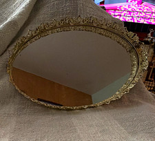 Oval Mirrored Vanity Tray, Ornate Metal Filigree Rim, Glass/Metal Vintage picture