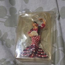 Painted Resin Flamenco Dancer Figurine w/ Fan Polka Dot Dress Boxed 4in picture