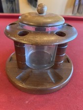VINTAGE 6 SMOKING PIPE HOLDER STAND WITH TOBACCO JAR DUK-IT WALNUT￼ picture