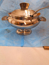 Silver Tone Stainless Steel Soup Tureen w/ Lid & Ladle, Round Floral Handle picture