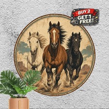 Wild Stallions Three Running Horses Western Art Round Metal Tin Sign 8x8 In picture