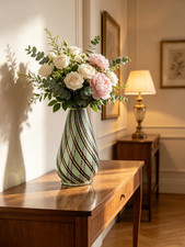 Elegant Art Glass Vase - Striated Pattern in Green, Gold, & Dark Brown - Vintage picture