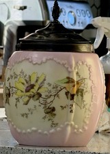 Mt. Washington Victorian Pink Satin Glass Biscuit Jar Hand Painted Floral picture