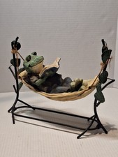 Rasin Frog On A Swing Reading 2 PC Fold Up Metal Stand Cute  picture