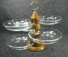 Mid Century Danish Modern Teak Brass Spinning Serving Tower w/ Glass Bowls RARE picture