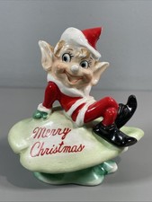 Vtg KREISS Pixie Elf Sitting on Merry Christmas Mushroom Figurine Japan 4