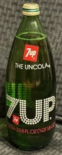 Vintage 7UP The Uncola 1 Liter Groovy Green Glass Bottle Full Unopened Capped picture