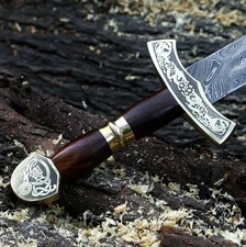 Custom Made Long Damascus Steel Medieval Viking Sword Rosewood Handle picture