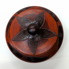 Vintahe Carved Wooden Round Trinket Box w/ Lid Floral Flower Pattern Brown picture