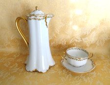 Antique Haviland Limoges Porcelain Hand Painted Chocolate Pot & Cup Saucer Set picture