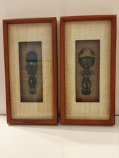 Vtg African Style 3D Carved Wooden Fugurine Shadow Box Wall Art Hanging Pair 14