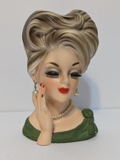 Vtg Lady Head Vase Parma A-174 Green Dress Orig Pearl Necklace Earrings LOOK  picture