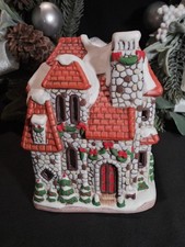 Vintage Lefton Colonial Village Stone House Cottage Christmas Ceramic Tealight picture
