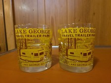 Vintage Lake George NY Travel Trailer Park Pair(2) Of Souvenir Whiskey Glasses picture