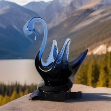 Vintage Ombré Cobalt Blue Hand Blown Glass Swan Bowl Candy Trinket Dish 6” picture