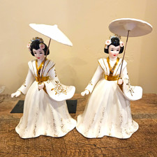 Vintage Napco Geisha Figurines Pair A2624 White Gold Parasol Japan Mid Century picture