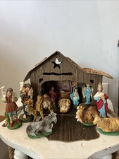 Vintage 1950s 60s Italian Nativity Set Italy Figures Wood Stable Creche Manger picture