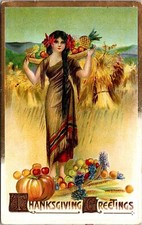 1913 Thanksgiving Postcard Woman Ethic Dress Carries Fruit Platter Harvest Time picture
