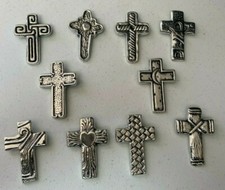 10 PIECE WHOLESALE SMALL HAND MADE PEWTER CROSSES , SILVER , RELIGIOUS  , MIX  picture
