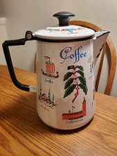 Vintage 1965 Berggren Swedish Enamel Coffee Pot Kettle Scandinavian Folk Art picture