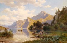Stunning Oil painting boats on the river with mountains in sunset view on canvas picture