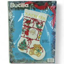 Vintage Bucilla Christmas Stocking Kit Sampler Santa Teddy Bear 83127 Cross picture