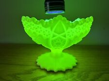 Fenton Pinwheel Compote Glows Green Uranium Satin Custard Glass Pedestal Bowl picture