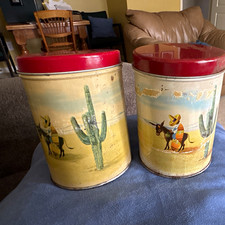 Vintage Reliable Coffee & Tea Advertising Tin Canisters Set of 2 Beige/Red 1947 picture