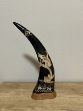 Vintage Hand Carved Water Buffalo Horn Eagle Statue Sculpture Folk Art Wood Base picture