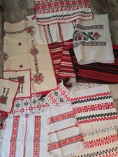 Vtg Handmade Ukrainian Embroidered Towel Rushnyk Linen Wool Lot Runner Napkin picture