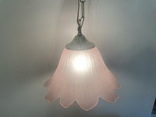 Vtg Swag Pendant Hanging Lamp Frosted Pink Tulip w/ 12’ Gold Tone Chain Boudoir picture