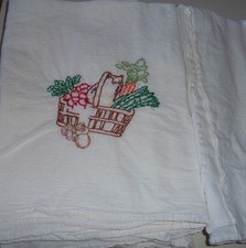 Set of 7 Vintage Hand-Embroidered Flour Sack Dish Towels Fruits & Veggies picture