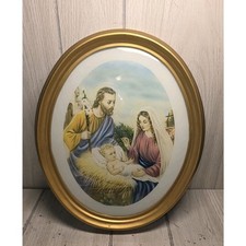 Vtg Oval Gold Framed Holy Family Print Religious Mary Joseph Jesus Nativity picture