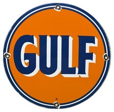 VINTAGE GULF PORCELAIN SIGN ORANGE BLUE GAS OIL SERVICE STATION PUMP PLATE picture