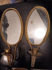 Set (2) Brass Regency Candle Holders Wall Mount Twisted Rope Framed Mirrors EUC picture