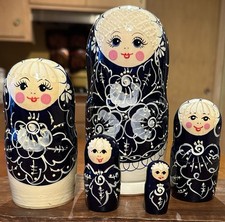 Vintage Russian Nesting Dolls 5 Piece Set - Gzhel Style Hand Painted picture