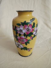 Vtg Japanese Cloisonne Vase Camellia Flowers Yellow 7