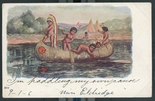 1906 Ft. Wayne Indiana posted Indian family artist postcard - canoe - picture