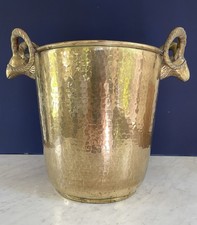 Vintage Solid Brass Double Rams Head  Ice Bucket Wine Cooler Planter Hammered picture