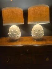 Pair Vintage White Ceramic Artichoke Pineapple Table Lamps Burlap Shades picture