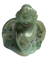 Fenton Guardian Angel Pearlescent Jadeite hand painted floral w/label 3.25” picture