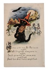 Vintage Whitney Halloween Postcard Black Cat Playing Violin Bats Mice 1924 picture